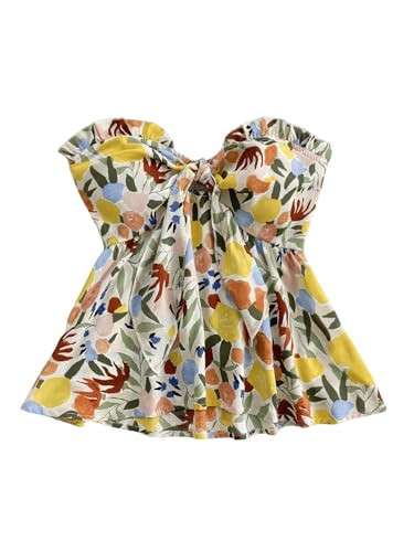 Milumia Women's Floral Plants Print Tie Front Tube Top Ruffle Trim Strapless Peplum Tops Multicolor X-Small | Amazon (US)