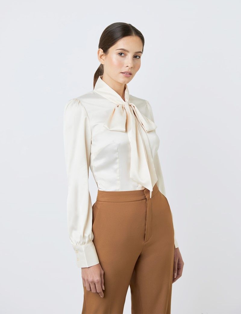 Women's Cream Fitted Satin Blouse - Pussy Bow  | Hawes & Curtis | Hawes and Curtis (US & CA)