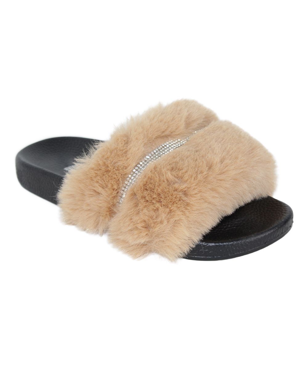 Lucita Women's Slippers camel - Camel Rhinestone-Stripe Faux Fur Slide - Women | Zulily