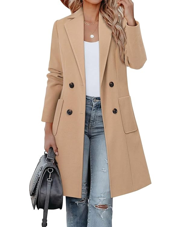 CHICZONE Women's Notch Lapel Double Breasted Mid Long Pea Coat Wool Blend Overcoat Winter Outwear | Amazon (US)
