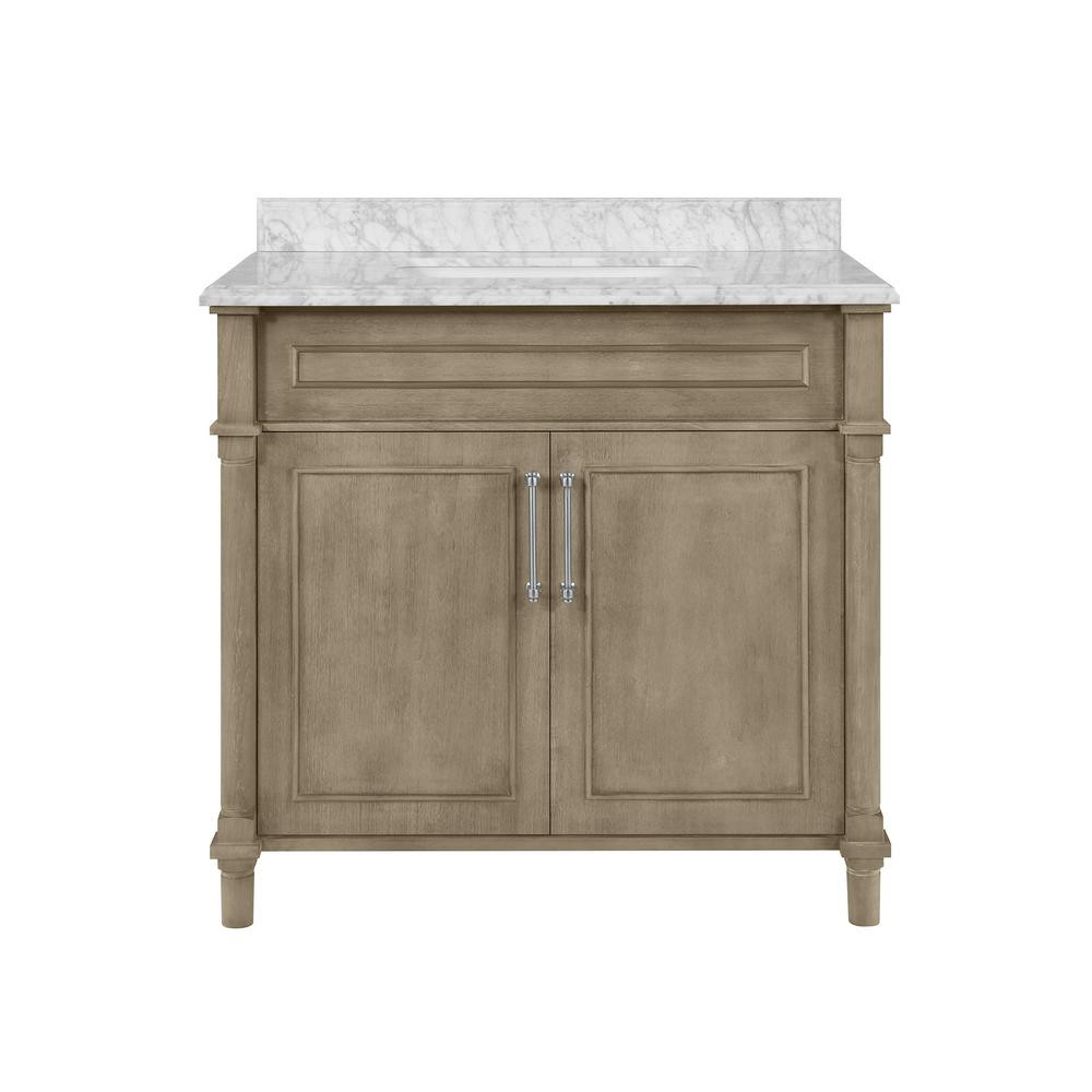 Home Decorators Collection Aberdeen 36 in. x 22 in. D Bath Vanity in Antique Oak with Carrara Mar... | The Home Depot