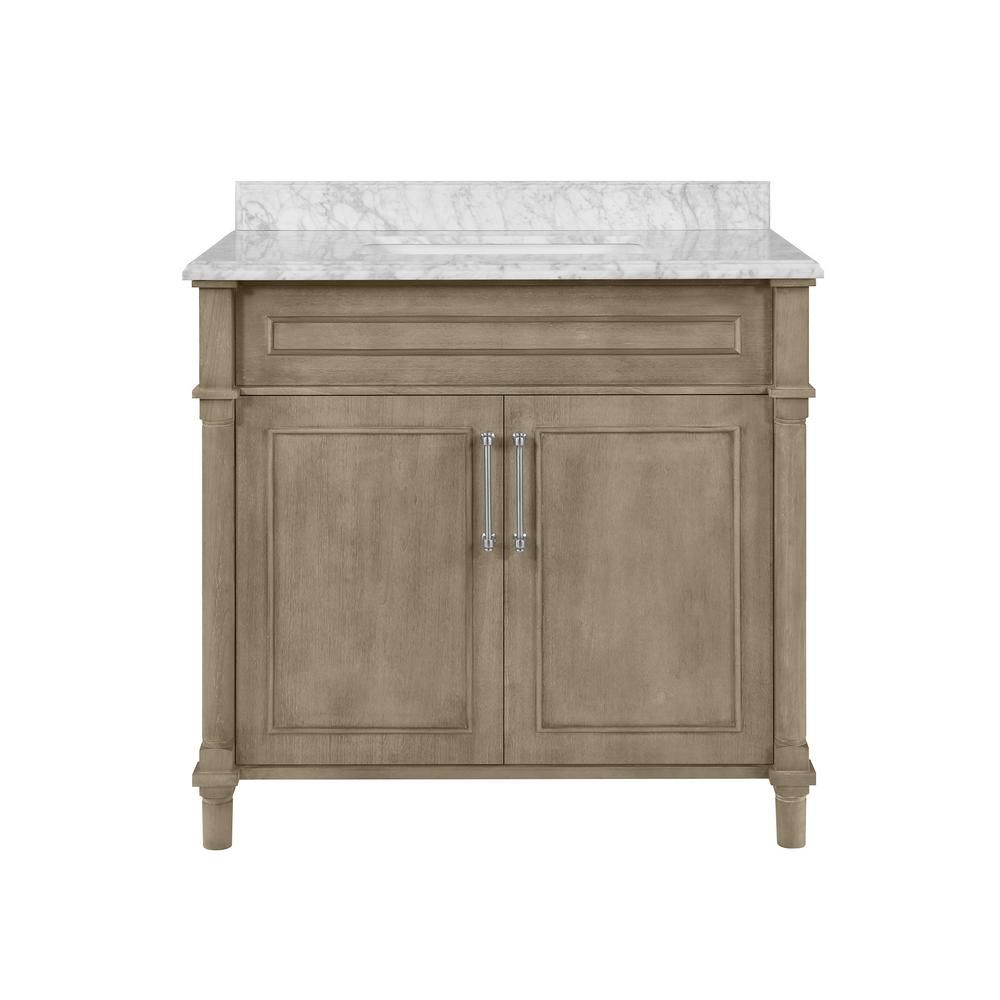 Home Decorators Collection Aberdeen 36 in. x 22 in. D Bath Vanity in Antique Oak with Carrara Mar... | The Home Depot