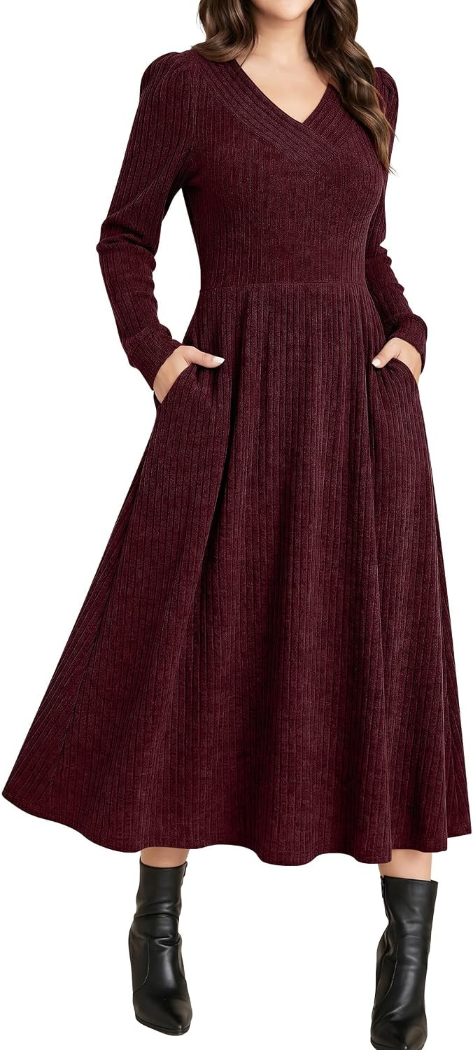 ANRABESS Womens Long Sleeve V Neck A Line Fall Midi Dress | Amazon (US)