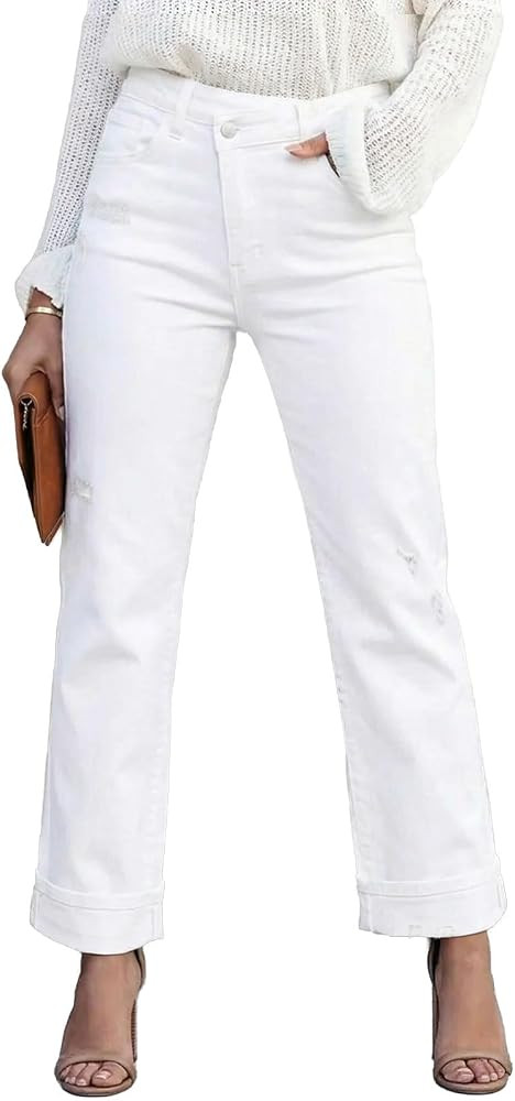 SHEWIN Women's Jeans Straight Leg High Waisted Corssover Boyfriend Jeans Distressed Cuffed Raw He... | Amazon (US)