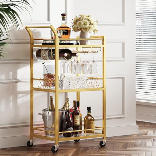 TUTOTAK Bar Cart, Home Bar Serving Cart with 3-Tier Mirrored Shelf, Wine Cart, Mobile Kitchen Shelf, Gold BC01BB034 | Amazon (US)