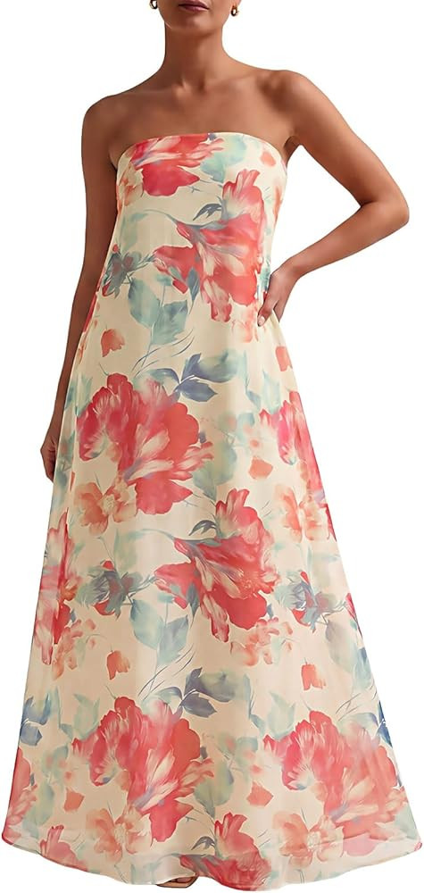 Zwirelz Women Strapless Maxi Dress Boho Floral Print Flowy Long Tube Dress Off Shoulder Loose Bea... | Amazon (US)