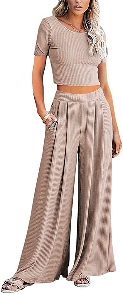 Lveberw Lounge Set Womens, Outfits Sets, Ribbed Crop Top Long Sleeve, Palazzo Pants - Loose Sweat... | Amazon (US)