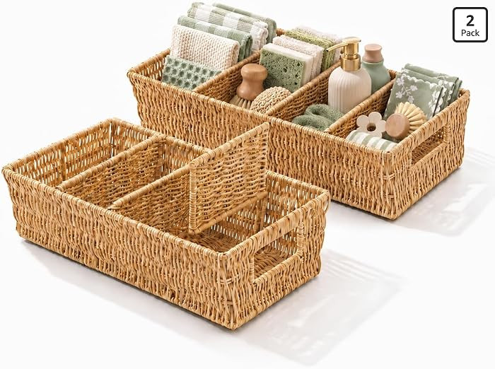 2PCS Rattan Pantry Organizer Baskets with Removable Dividers | Amazon (US)