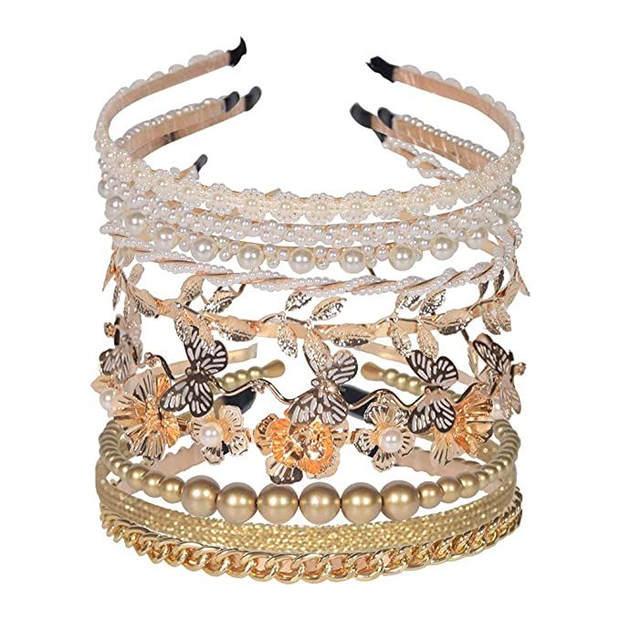 10 PCS Pearls Headband Rhinestones Hairbands Gold Metal Headbands White Faux Pearl Rhinestones Ha... | Amazon (US)