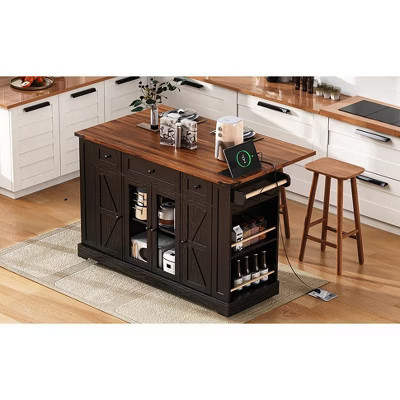 53'' Kitchen Island with ,Rolling Kitchen Island on Wheels with 5 Open Side Racks and 3 Drawers, Kitchen Cart for Dining Room Black | Target