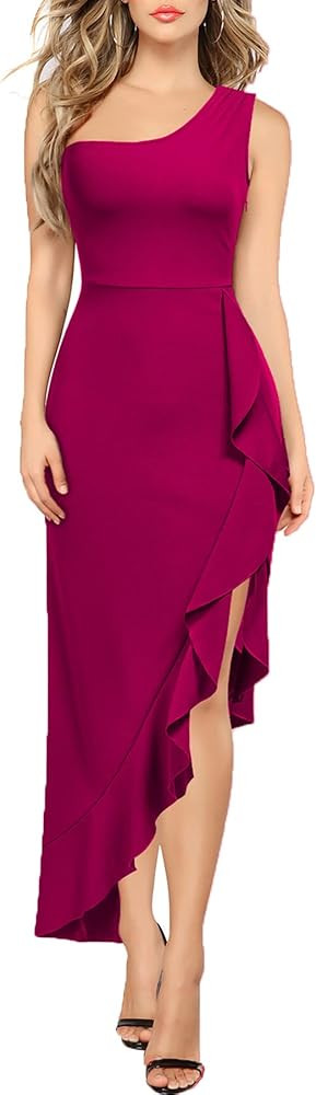 MUSHARE Women's One Shoulder Asymmetrical Sleeveless Bodycon Ruffle Split Evening Cocktail Party ... | Amazon (US)