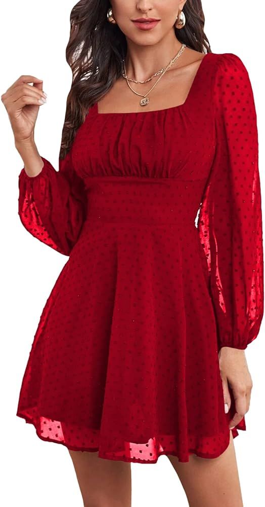 LYANER Women's Polka Dots Square Neck A line Long Sleeve Swiss Dots Mini Dress Red Large at Amazo... | Amazon (US)