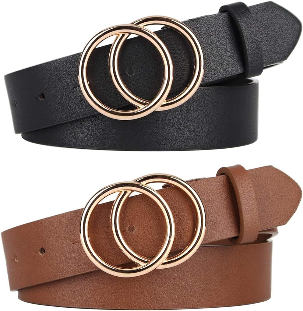 Pack 2 Women Belts for Jeans with Fashion Double O-Ring Buckle and Faux Leather | Amazon (US)