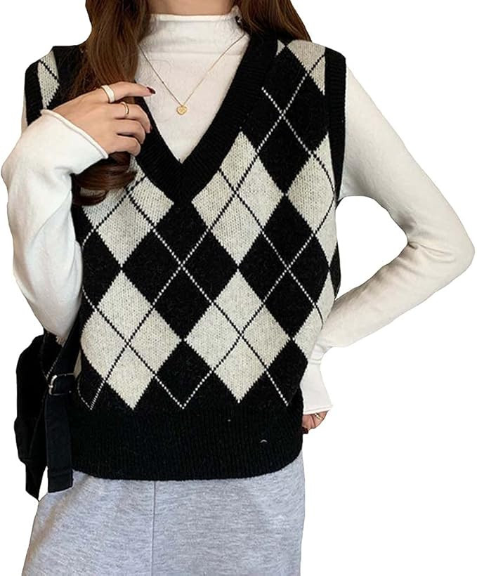 Women Sleeveless V-Neck Argyle Knit Sweater Vest 90s E-Girl Y2K Plaid Preppy Style Vintage Knitwe... | Amazon (US)