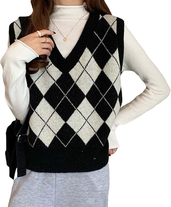 Women Sleeveless V-Neck Argyle Knit Sweater Vest 90s E-Girl Y2K Plaid Preppy Style Vintage Knitwe... | Amazon (US)