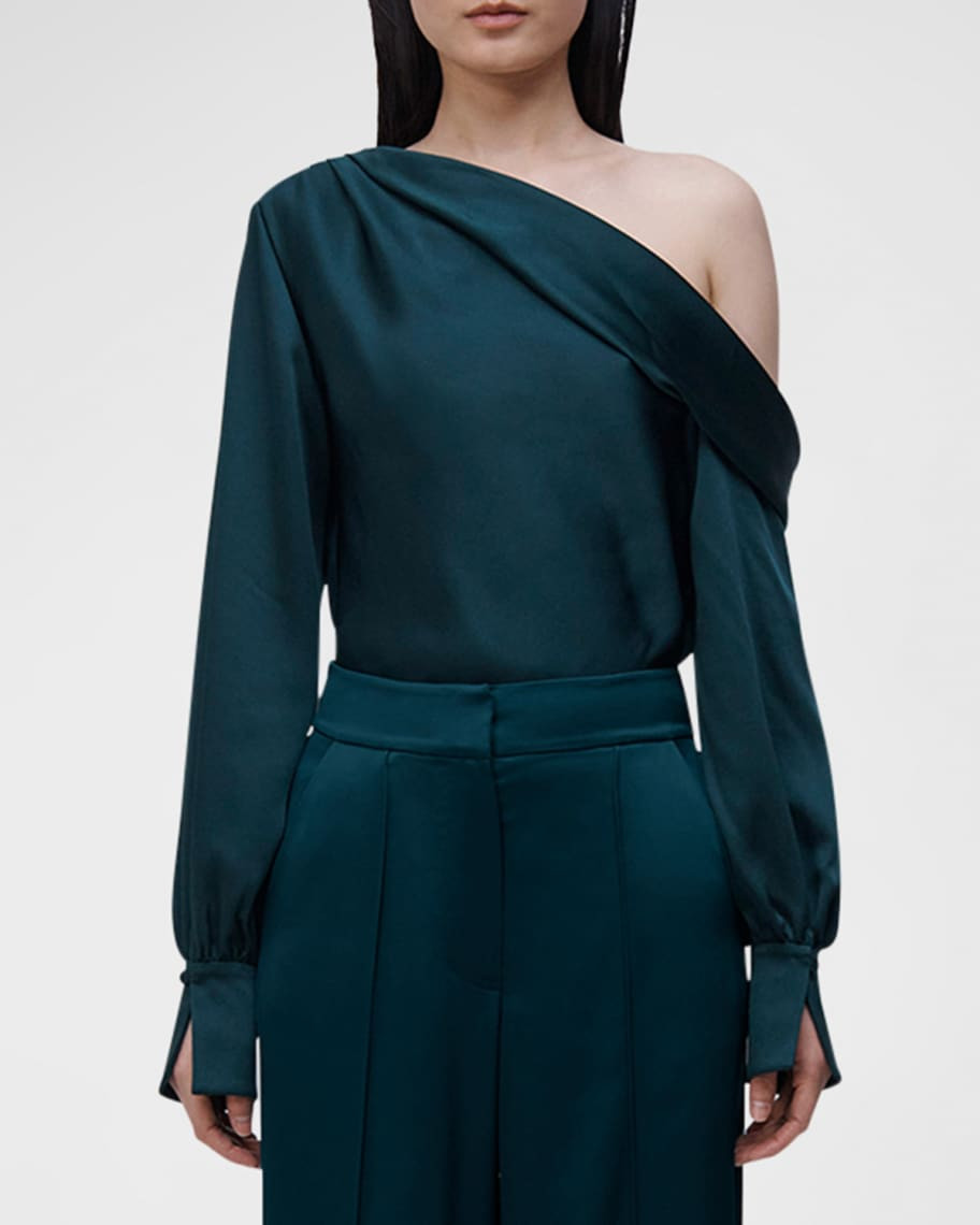 SIMKHAI Alice One-Shoulder Long-Sleeve Satin Top | Neiman Marcus