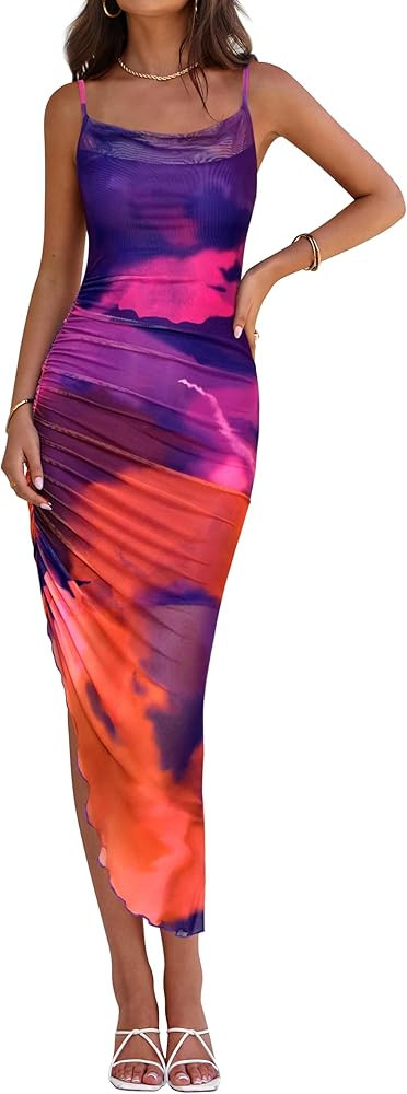 PRETTYGARDEN Women 2025 Summer Mesh Dress Spaghetti Strap Cowl Neck Print Ruched Bodycon Dresses ... | Amazon (US)