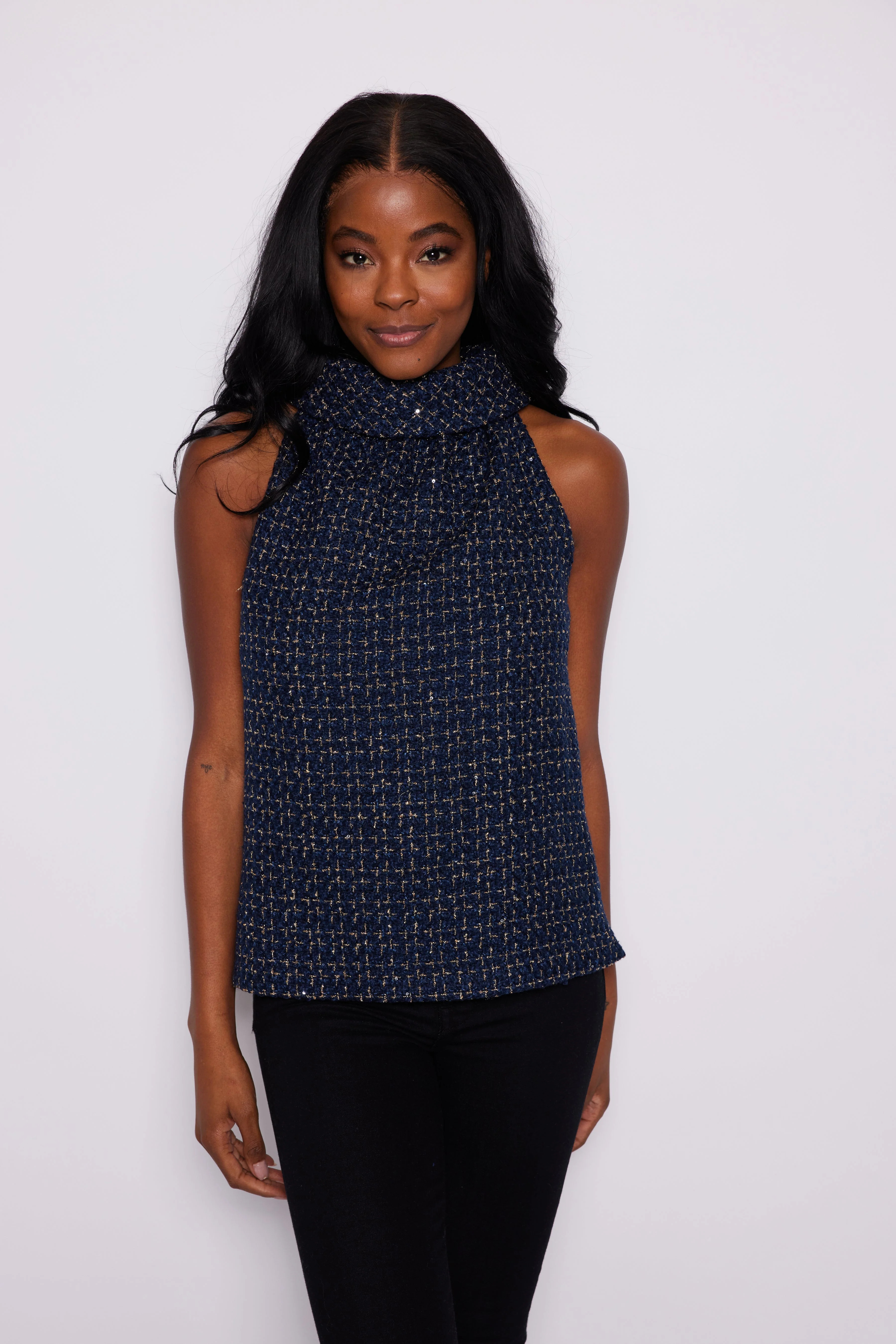 Navy Tweed Button Back Cowl Neck Top | Sail to Sable