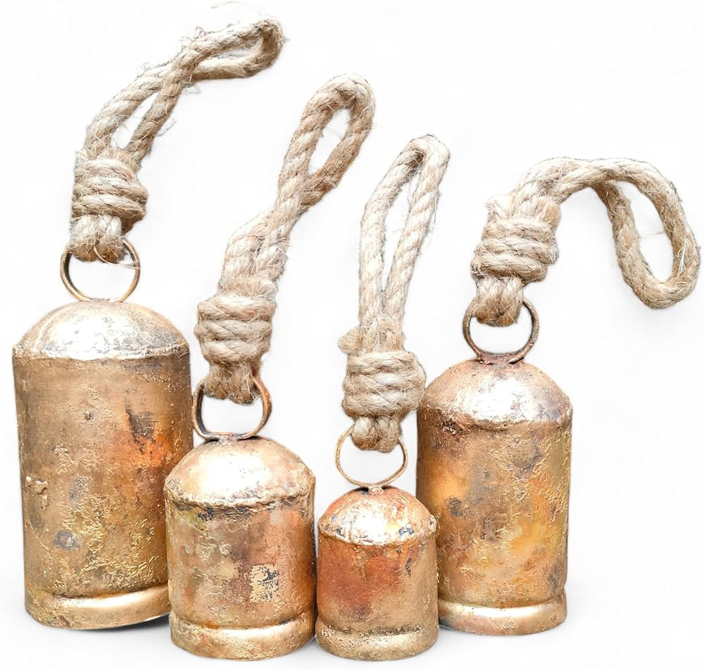 Set of 4 Metal Christmas Bells for Decoration Rustic Brass Gold Large Bell Cow Hanging | Amazon (US)