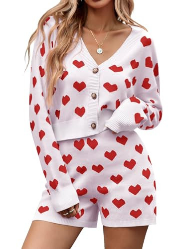 Tankaneo Womens Valentine's Day Sweater Sets Heart Knit Long Sleeve Cropped Cardigan and Shorts 2 Piece Outfits | Amazon (US)