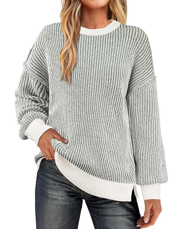 Caracilia Women's Oversized Crewneck Long Sleeve Sweater Color Block Pullover Ribbed Knit Top Cas... | Amazon (US)