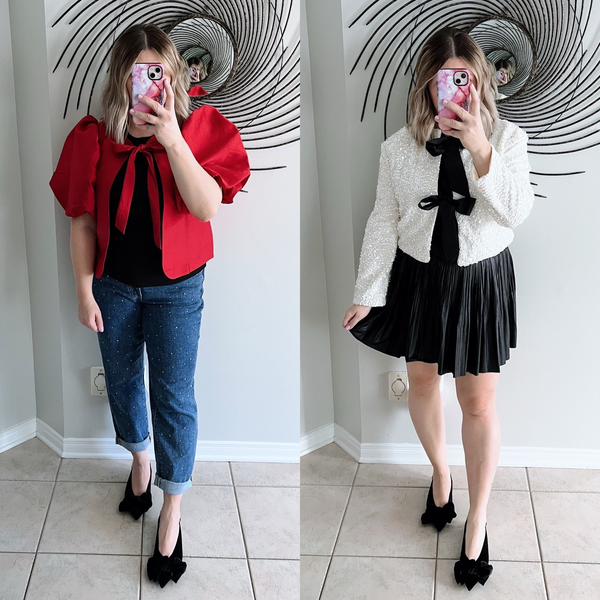 Which holiday outfit is your favourite? 

1. Red Top Small, Black Tee Medium, Rhinestone Jeans 6, Bow Slingbacks 7

2. Sequin Cardigan Medium, Black Tee Medium, Pleated Skirt Medium, Bow Slingbacks 7

#LTKstyletip #LTKcanada #LTKpartywear