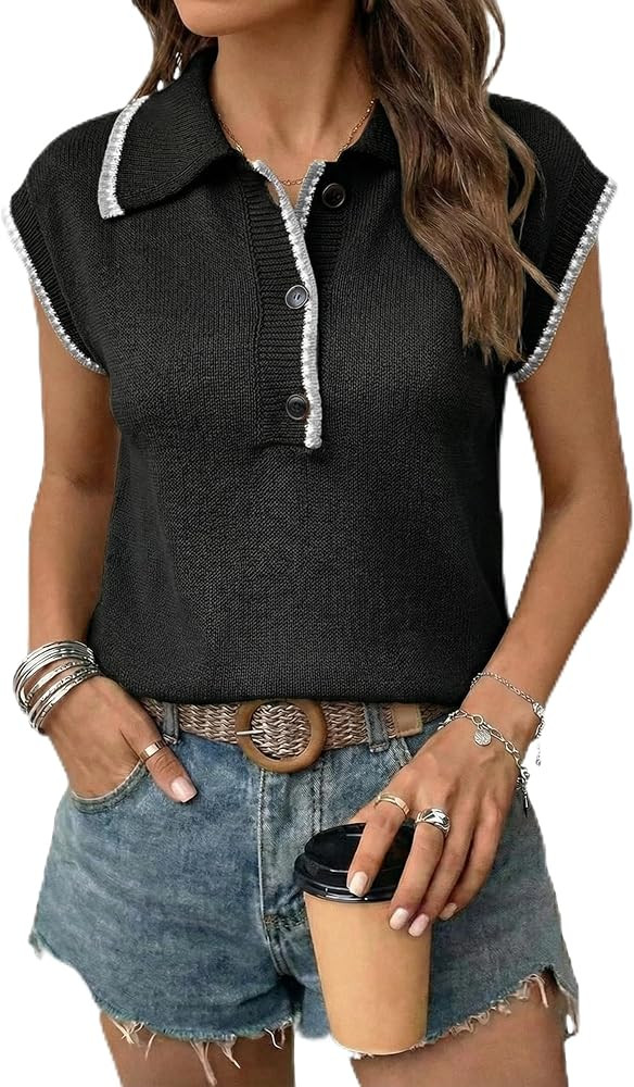 Dokotoo Womens Short Sleeve Sweater Spring Summer Tops Button Collar Lightweight Knit Sweaters Va... | Amazon (US)