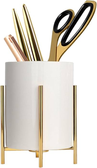 Gold pencil cup Sturdy metal frame with white ceramic pen holder For desks and kitchen appliance ... | Amazon (US)