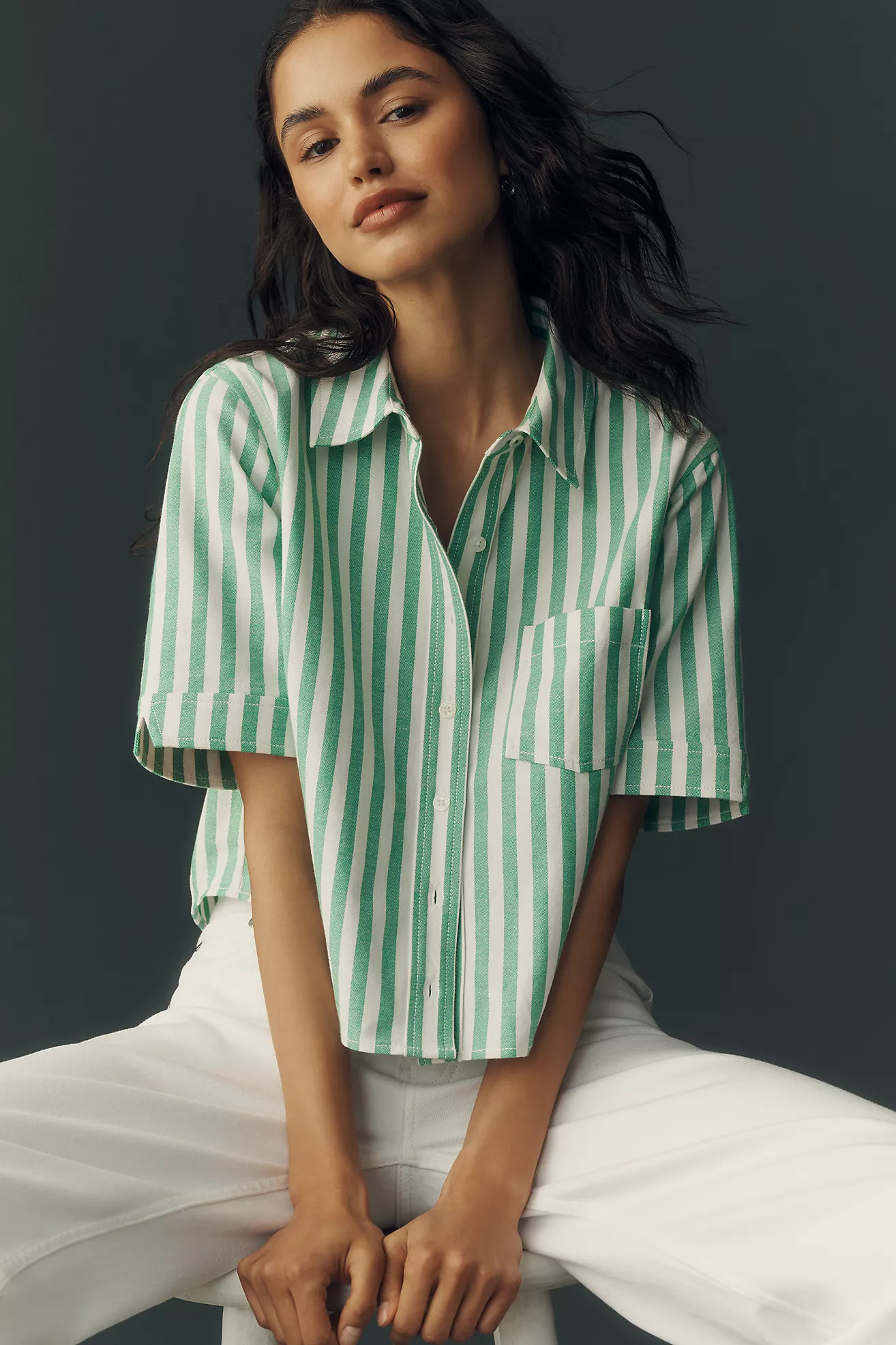 Merritt Short-Sleeve Cropped Buttondown Shirt by Maeve | Anthropologie (US)