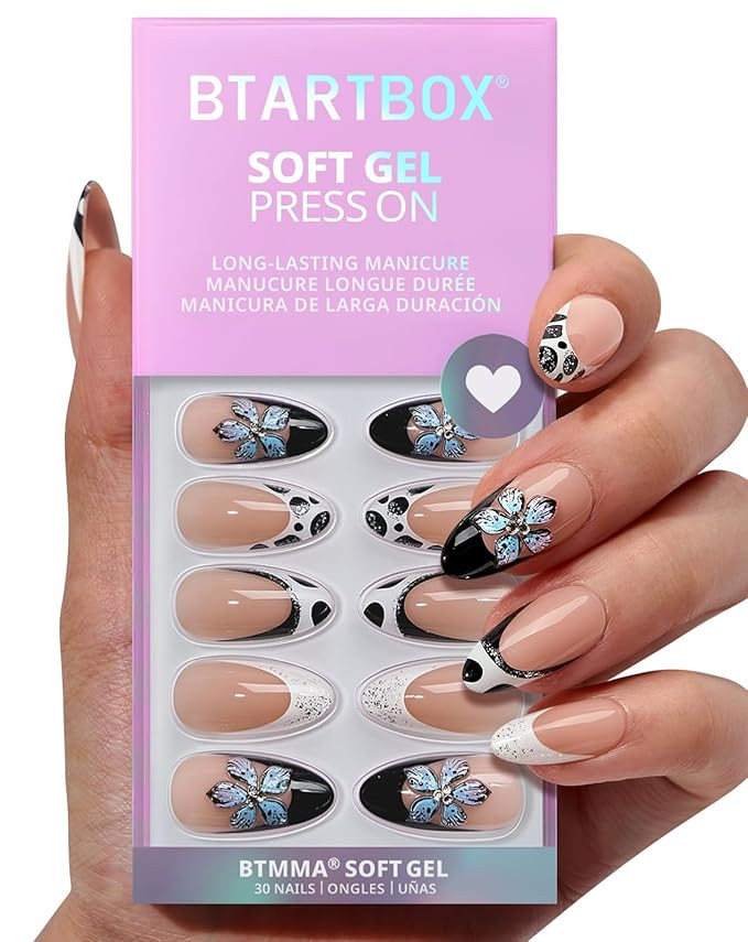 BTArtbox Press On Nails Medium - 3D Flower Almond French Tip Press On Nails with Glue for Women, ... | Amazon (US)