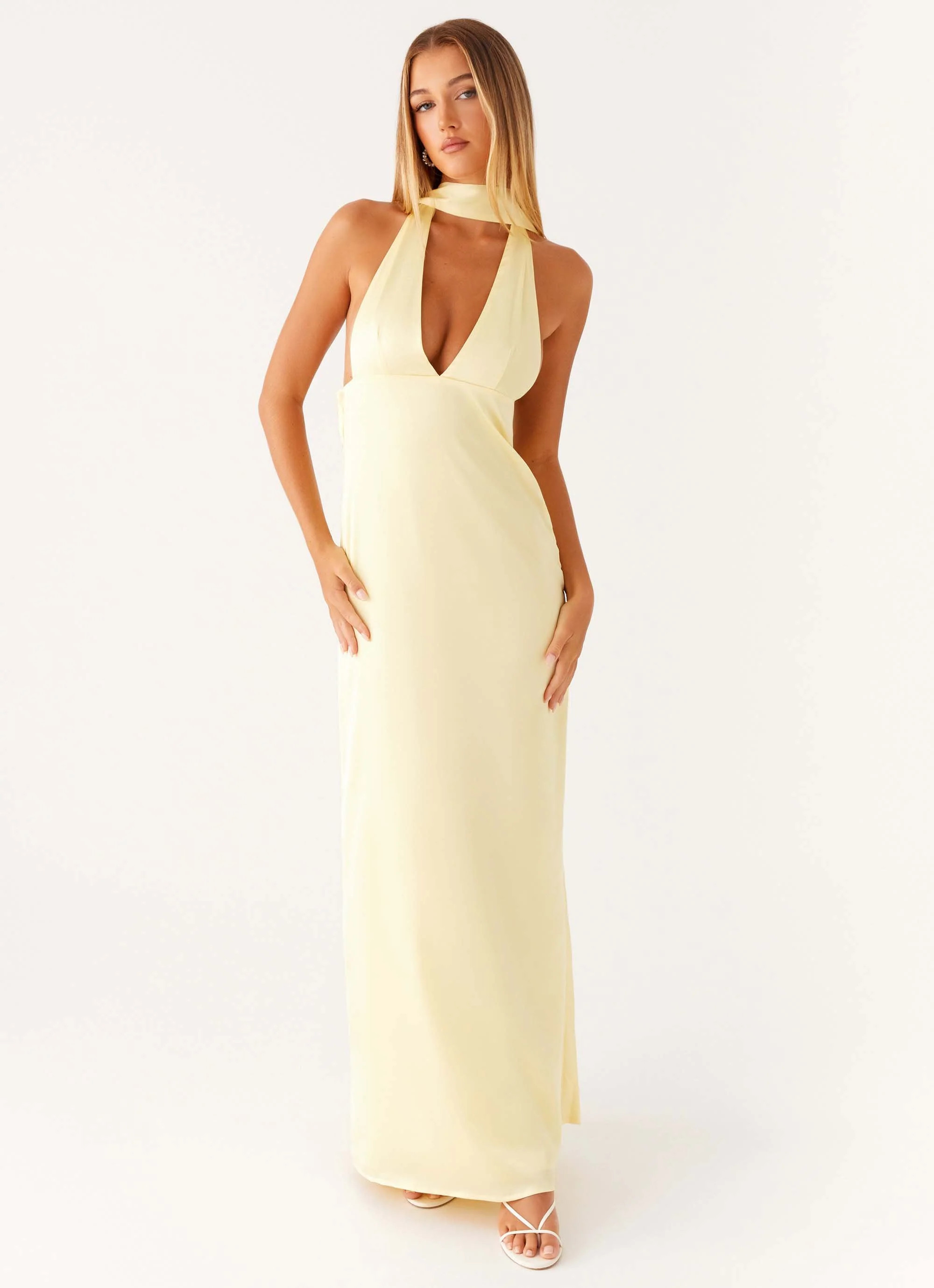 Alicia Satin Halter Maxi Dress - Yellow | Peppermayo (Global)