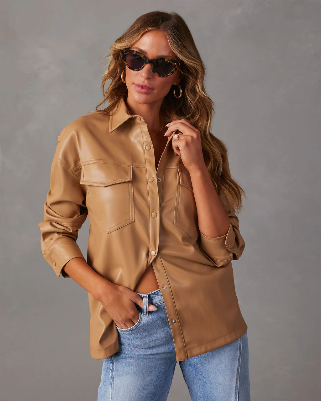 Indiana Faux Leather Shacket - Camel | VICI