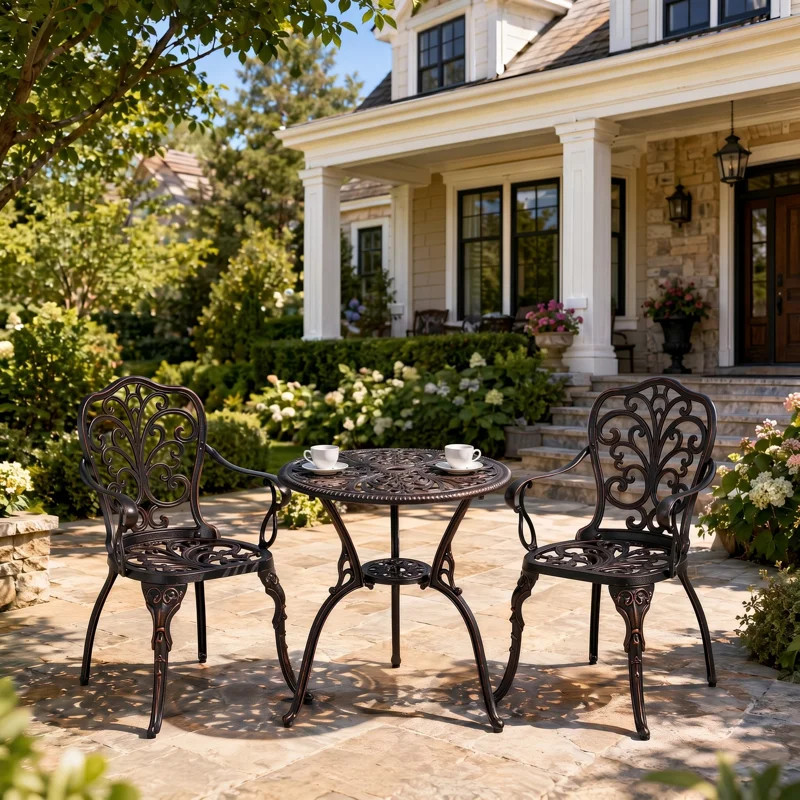 Corbel Round 2 - Cast Aluminum Bistro Set with Umbrella Hole,Black | Wayfair North America