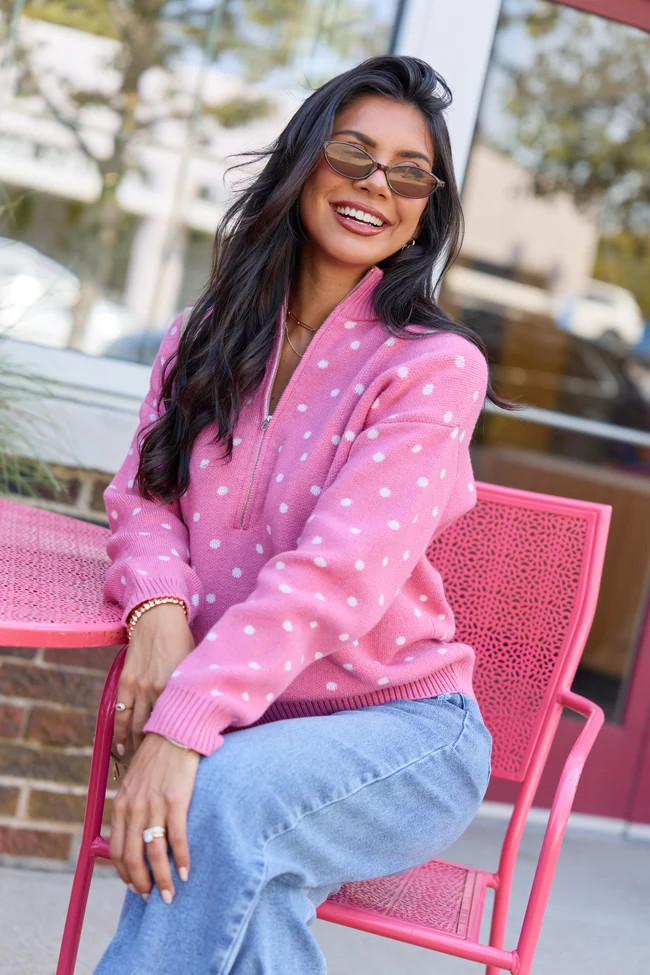 Make It Count Polka Dot Quarter Zip Pullover Rose | Pink Lily