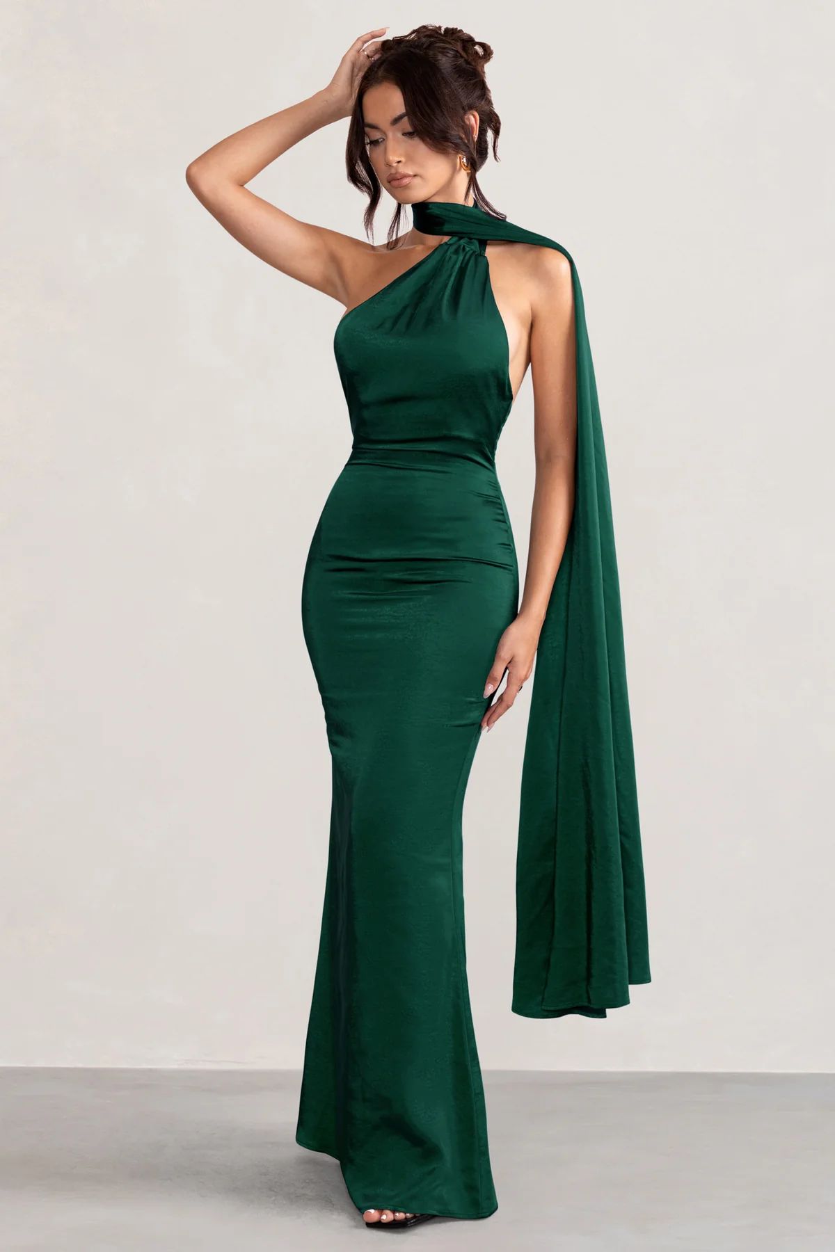 Mademoiselle | Bottle Green Satin Asymmetric Scarf Neck Backless Maxi Dress | Club L London