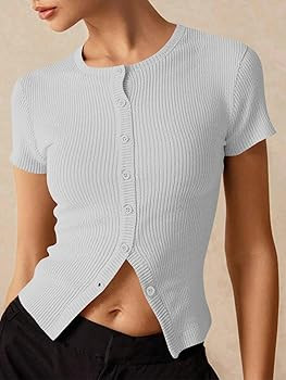 Imily Bela Womens Short Sleeve Sweater Tops Summer Button Down Casual Ribbed Knit Slim Fit Croppe... | Amazon (US)