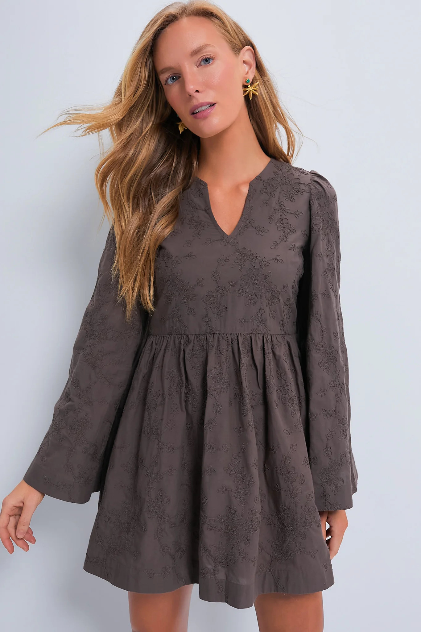 Brown Textured Becca Bell-Sleeved Mini Dress | Tuckernuck (US)