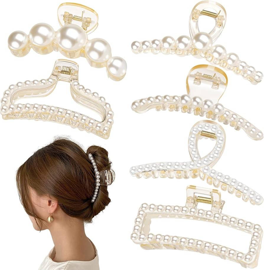 Leezmark Pearl Hair Claw Clips, Large Barrettes for Thin, Thick, Curly or Long Hair, White Jaw Cl... | Amazon (US)