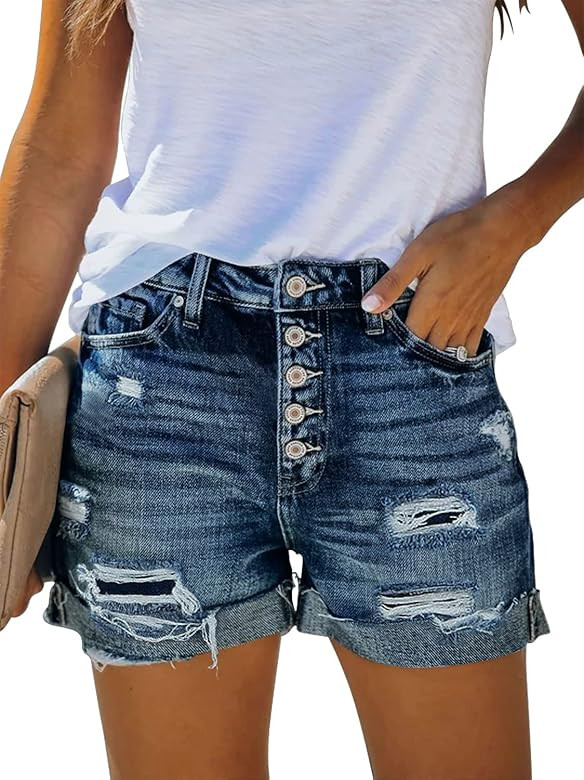 Angerella Denim Shorts for Women Mid Rise Ripped Jean Shorts Stretchy Folded Hem Hot Short Jeans | Amazon (US)