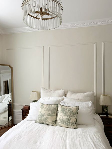 Bedroom links- toile pillows, linen duvet,  chandelier, floor mirror 

#LTKStyleTip #LTKSaleAlert #LTKHome