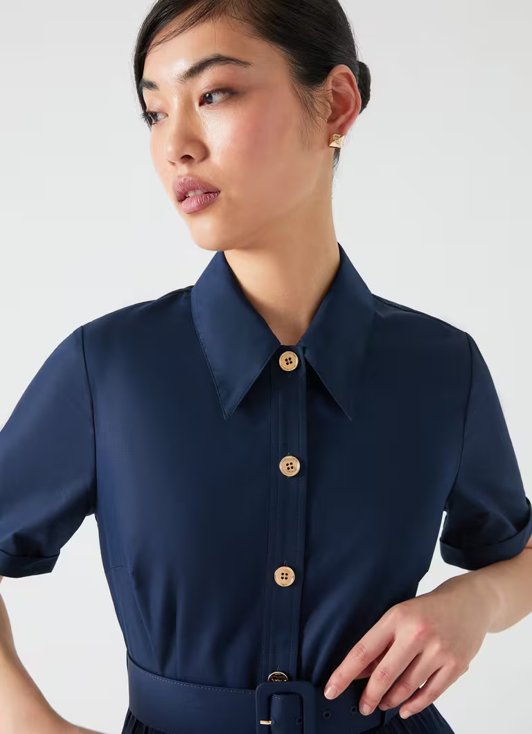 Cally Spring Navy Pleated Cotton Shirt Dress | L.K. Bennett (UK)