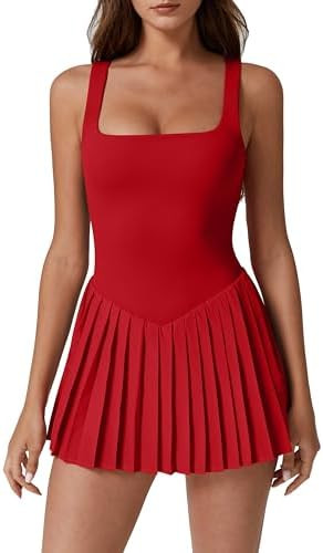 QINSEN Womens Square Neck Tennis Dress Pleated Sleeveless Built in Shorts Golf Athletic Dress wit... | Amazon (US)