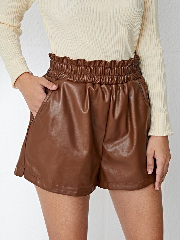 SHEIN Paperbag Waist Slant Pockets PU Leather Shorts | SHEIN