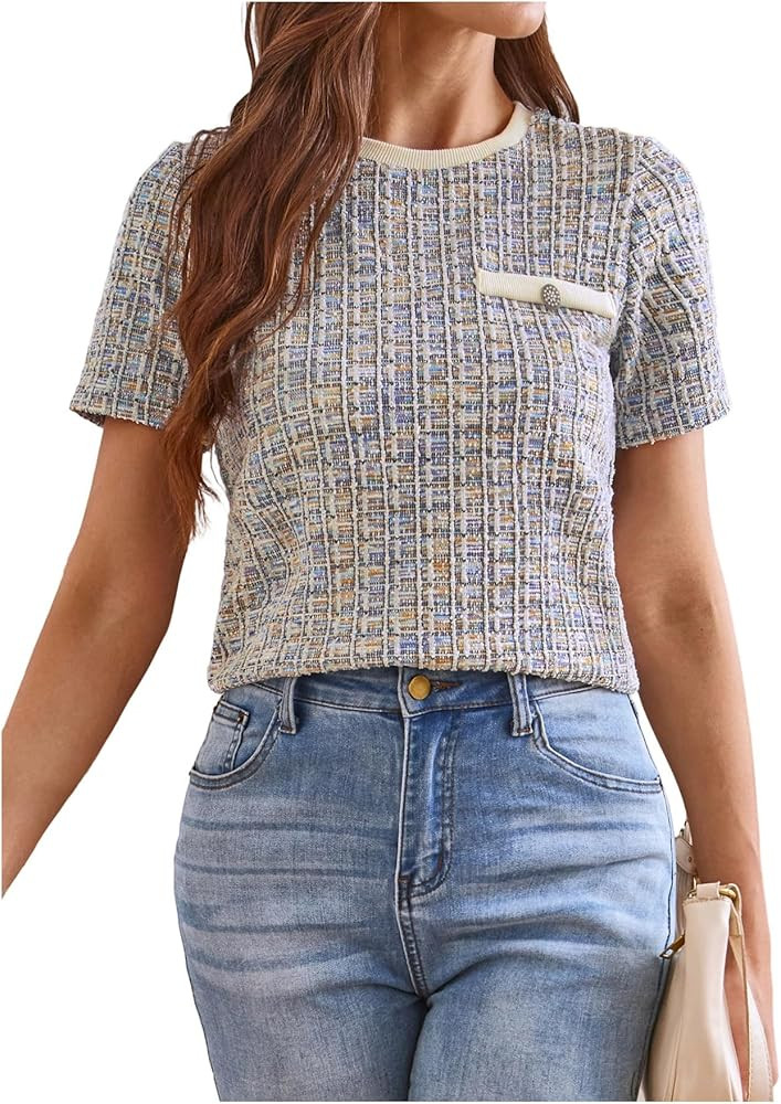 GORGLITTER Women's Plaid Print Tweed T Shirt Button Front Crew Neck Short Sleeve Tee Shirts | Amazon (US)