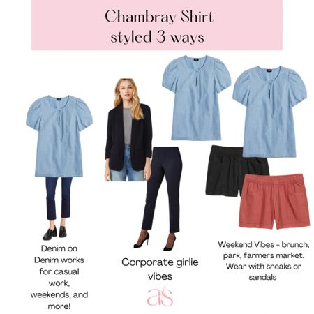 This elevated chambray shirt works for a casual work/weekday, corporate or weekend wear! Perfect fit for midsized gals. I styled in front tucked into my pants/shirt for a more flattering silhouette. 

#LTKmidsize #LTKfindsunder50 #LTKfindsunder100