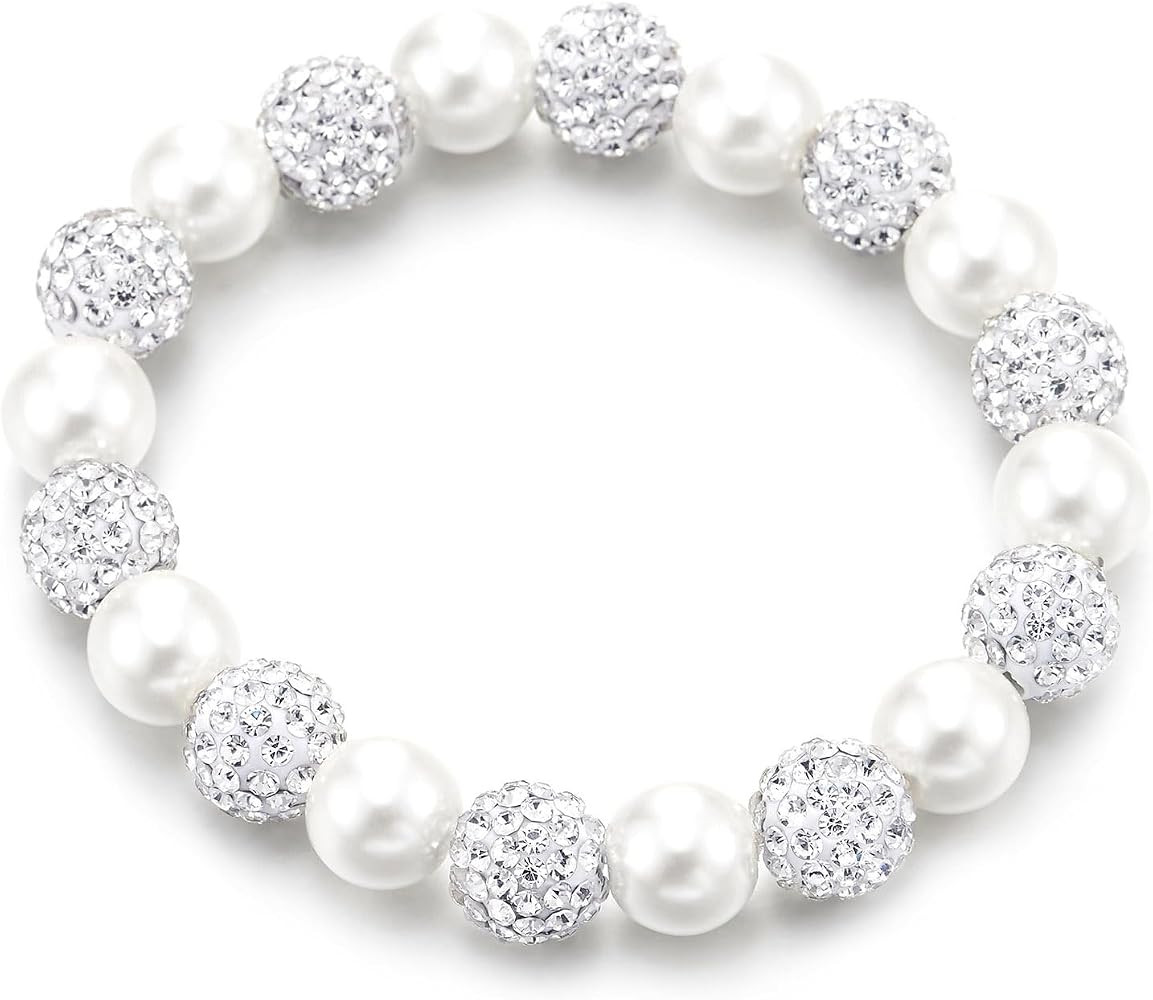 COOLSTEELANDBEYOND White Pearl and Rhinestone Ball Stretch Bracelet for Women, Elegant Beaded Des... | Amazon (US)