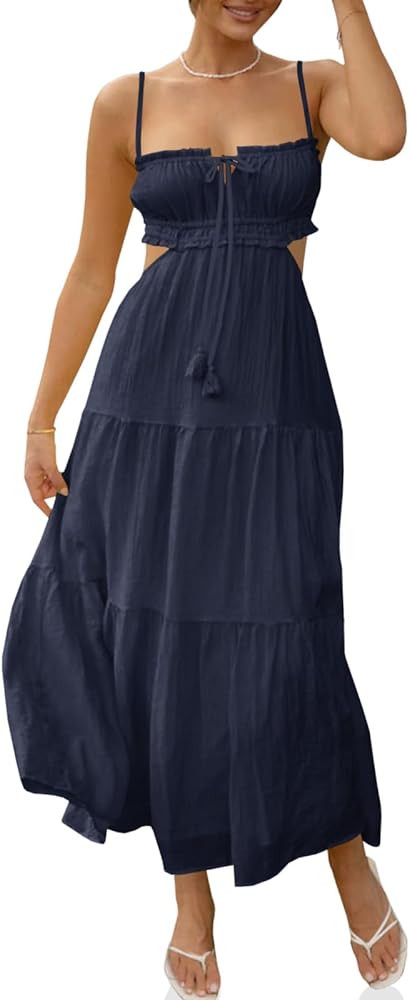 Fisoew Women's Spaghetti Strap Maxi Dress Summer Sleeveless Side Cut Out Dress Casual Boho Backle... | Amazon (US)