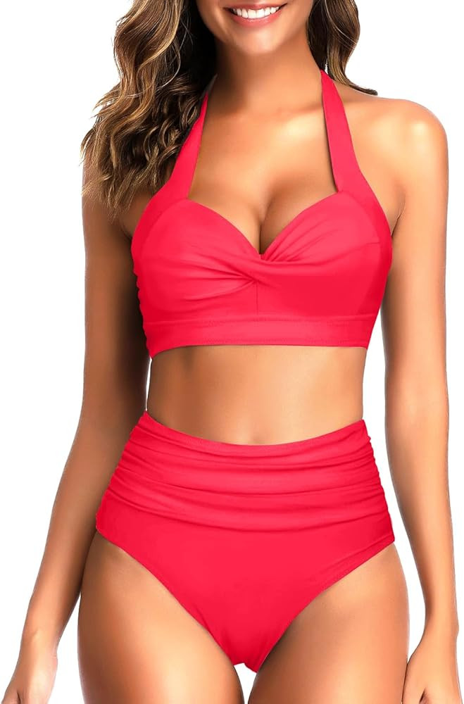 Tempt Me Women's Vintage Swimsuits Neon Red Retro Halter Ruched High Waist Bikini with Bottom M | Amazon (US)