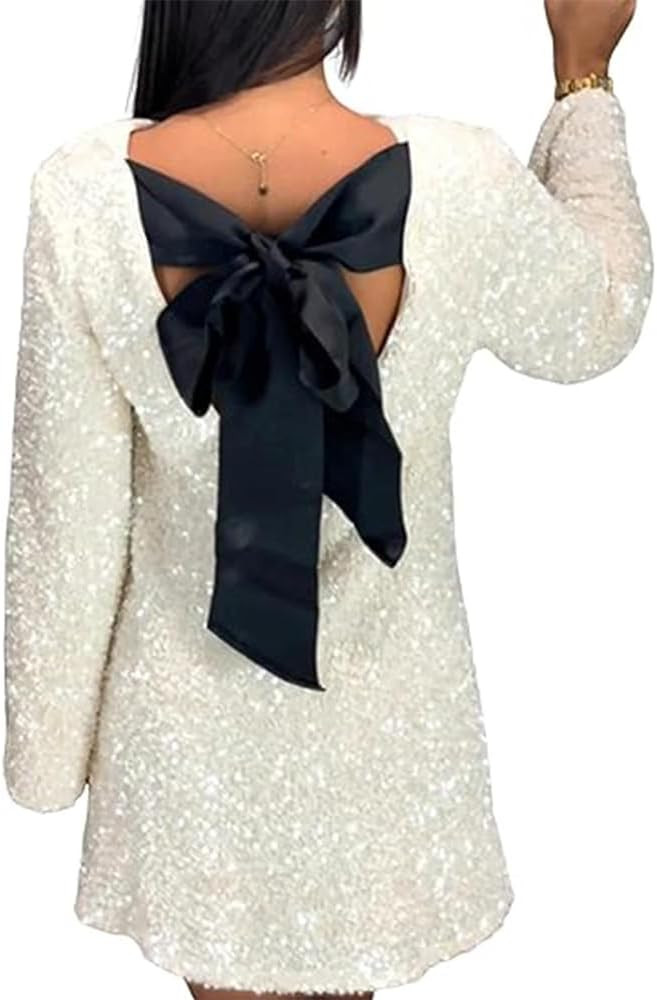 MCILLO Women's Sequined Dress Petersham Ribbon Long Sleeve Party Night Out Club Dresses | Amazon (US)