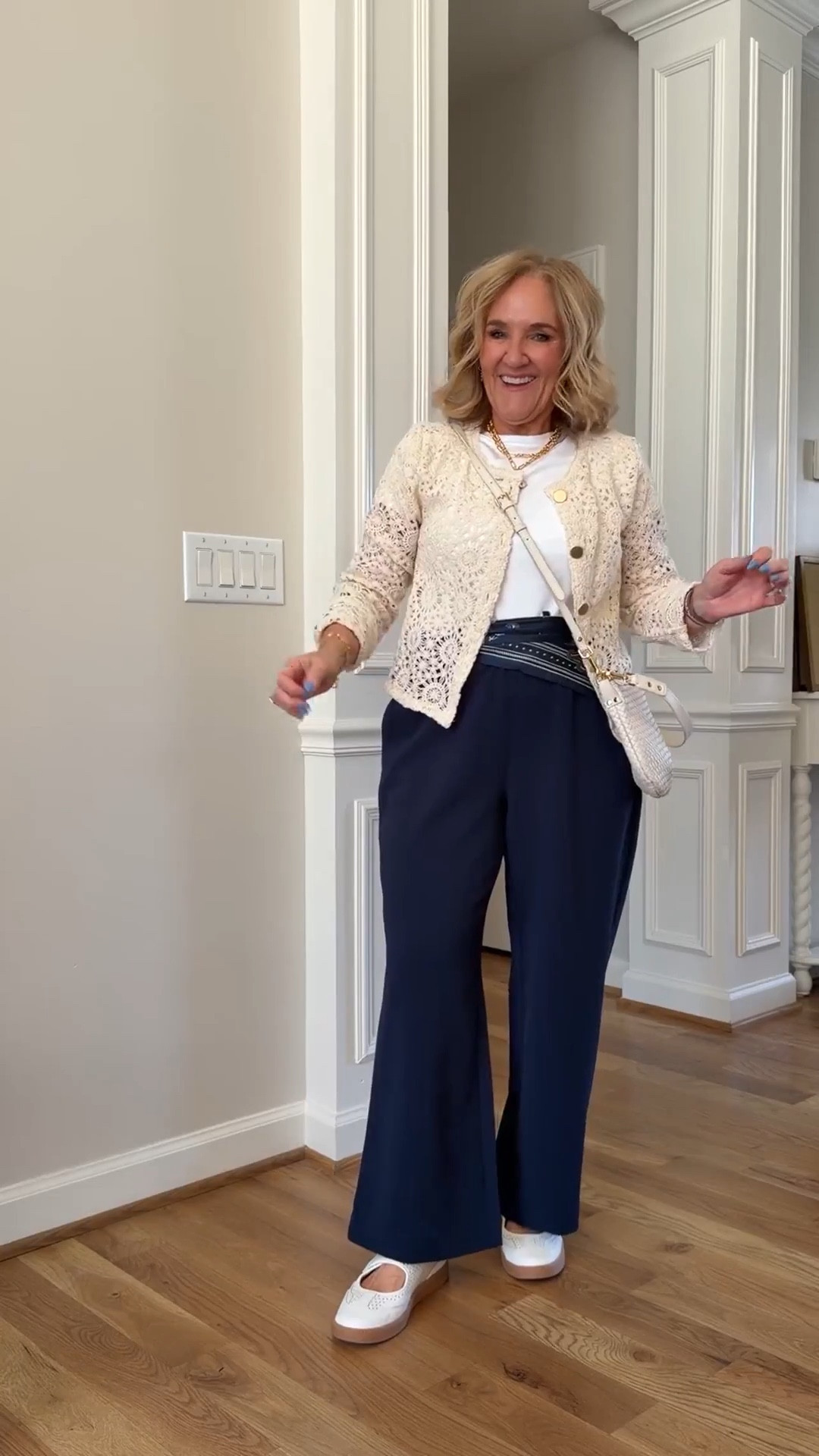  Lining similar oversized scarves. 
Lace cardigan medium 
Pants size medium petite 
Sneakers tts 

 

#LTKSaleAlert #LTKWorkwear #LTKOver40